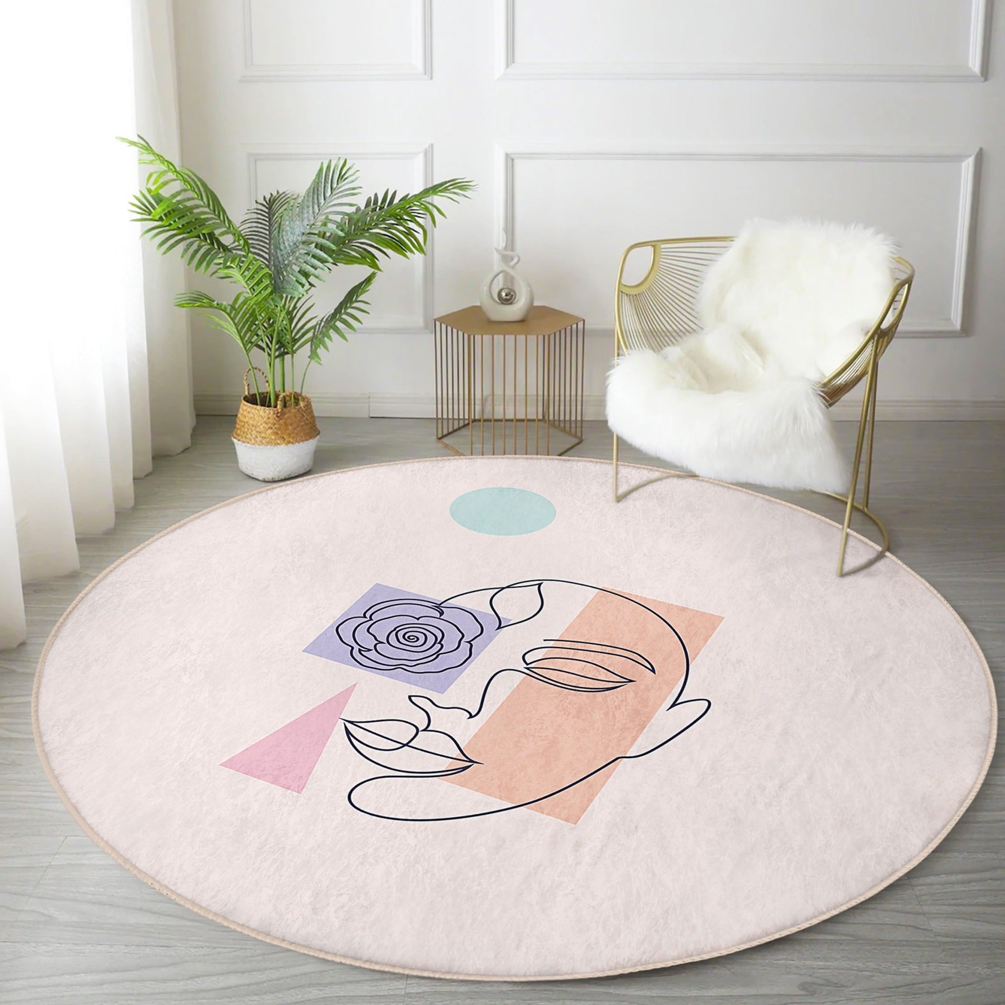 Abstract Face Round Rug, Abstract Area Rug, Non Slip Circle Carpet,