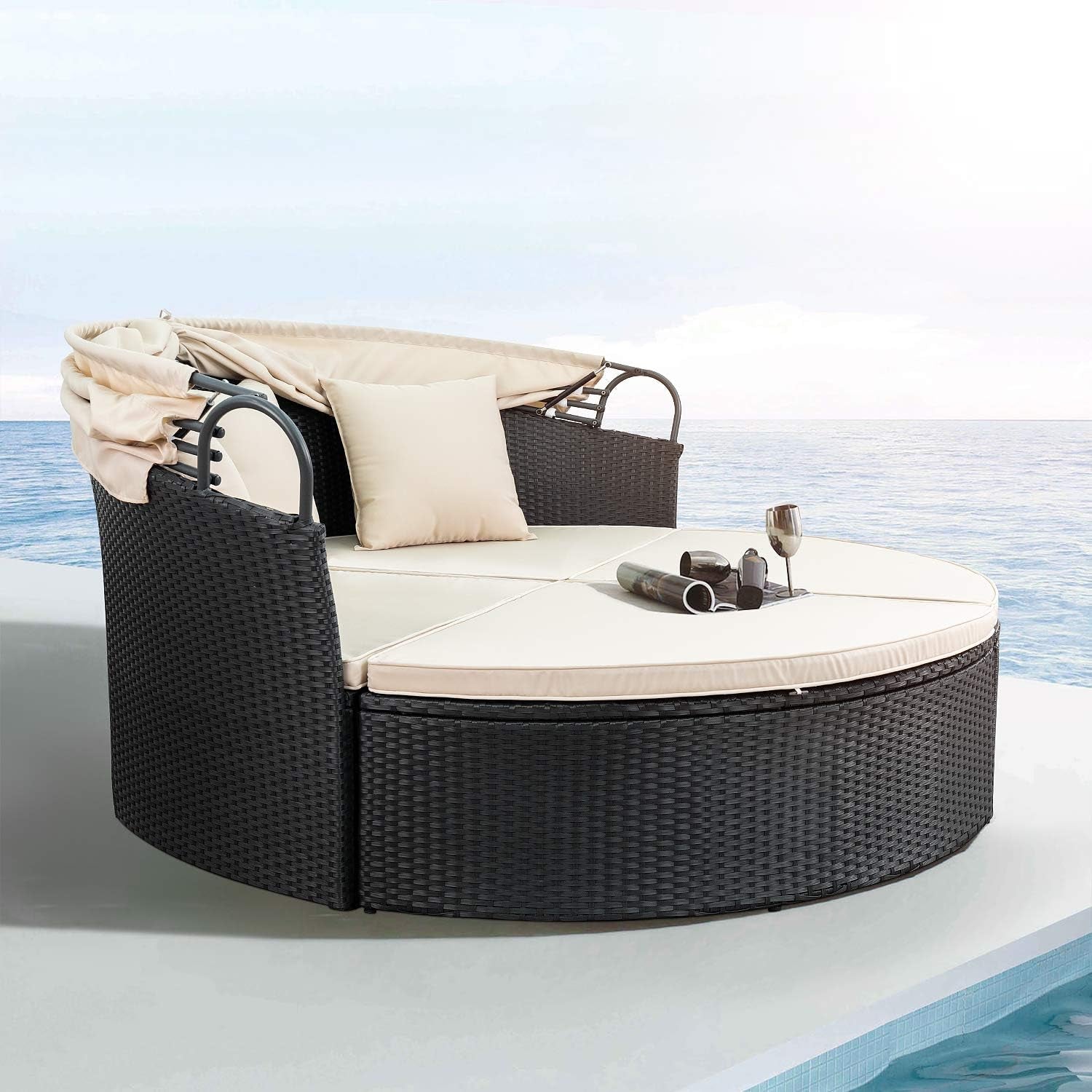 Outdoor Round Daybed Canopy, Patio Sectional Sofa