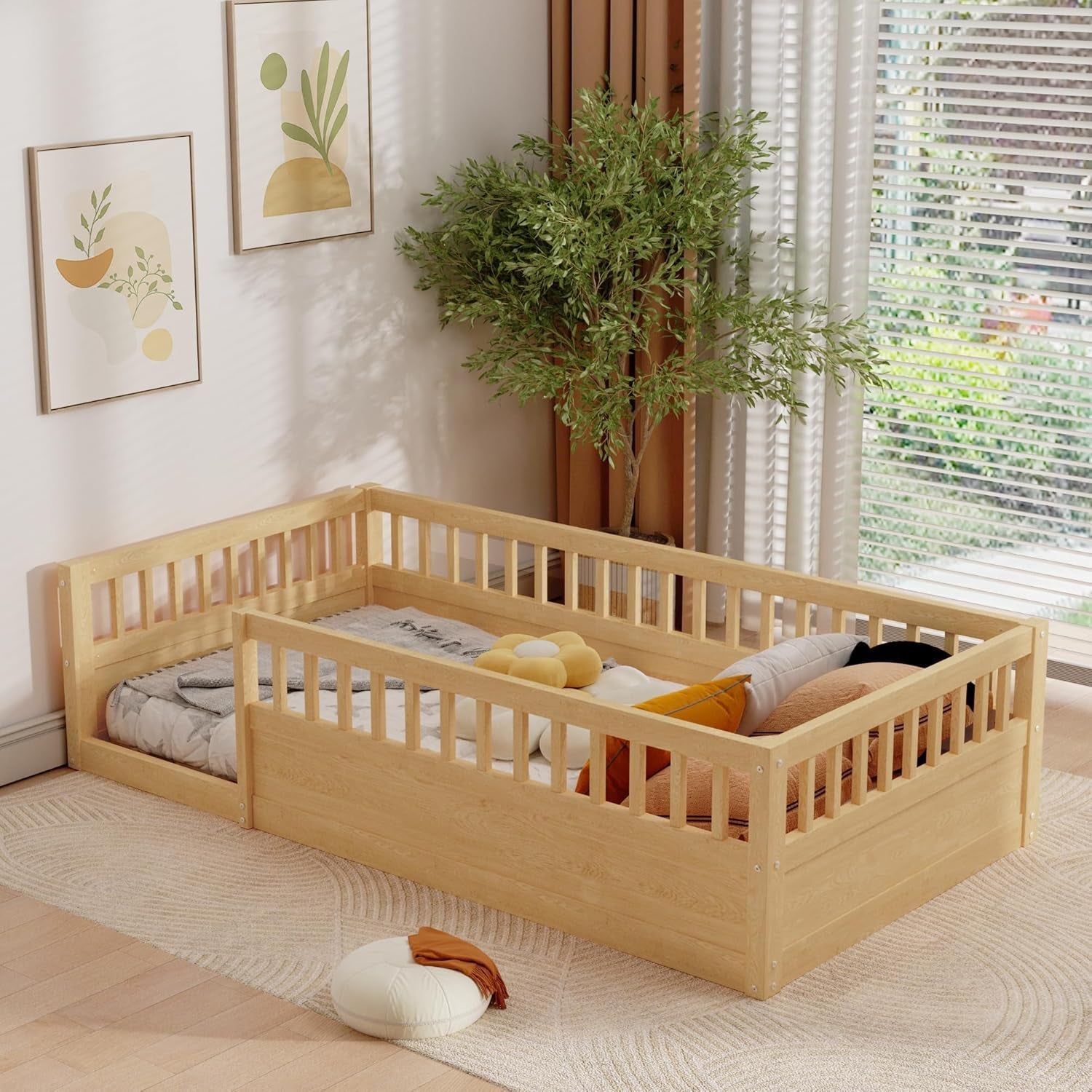 Twin Montessori Floor Bed with High Fence Natural