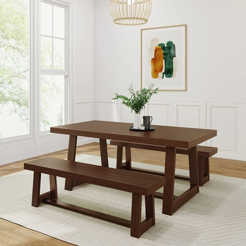 Farmhouse Solid Wood Dining Table Set With Benches