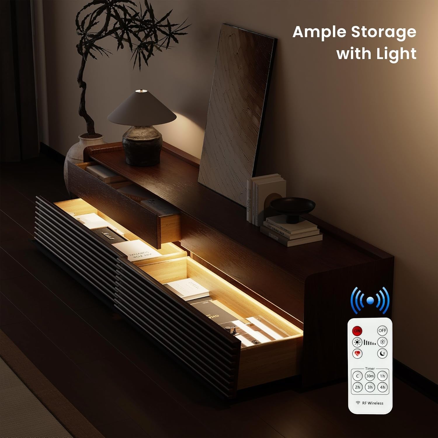 Walnut Mid Century Modern TV Stand With LED Storage