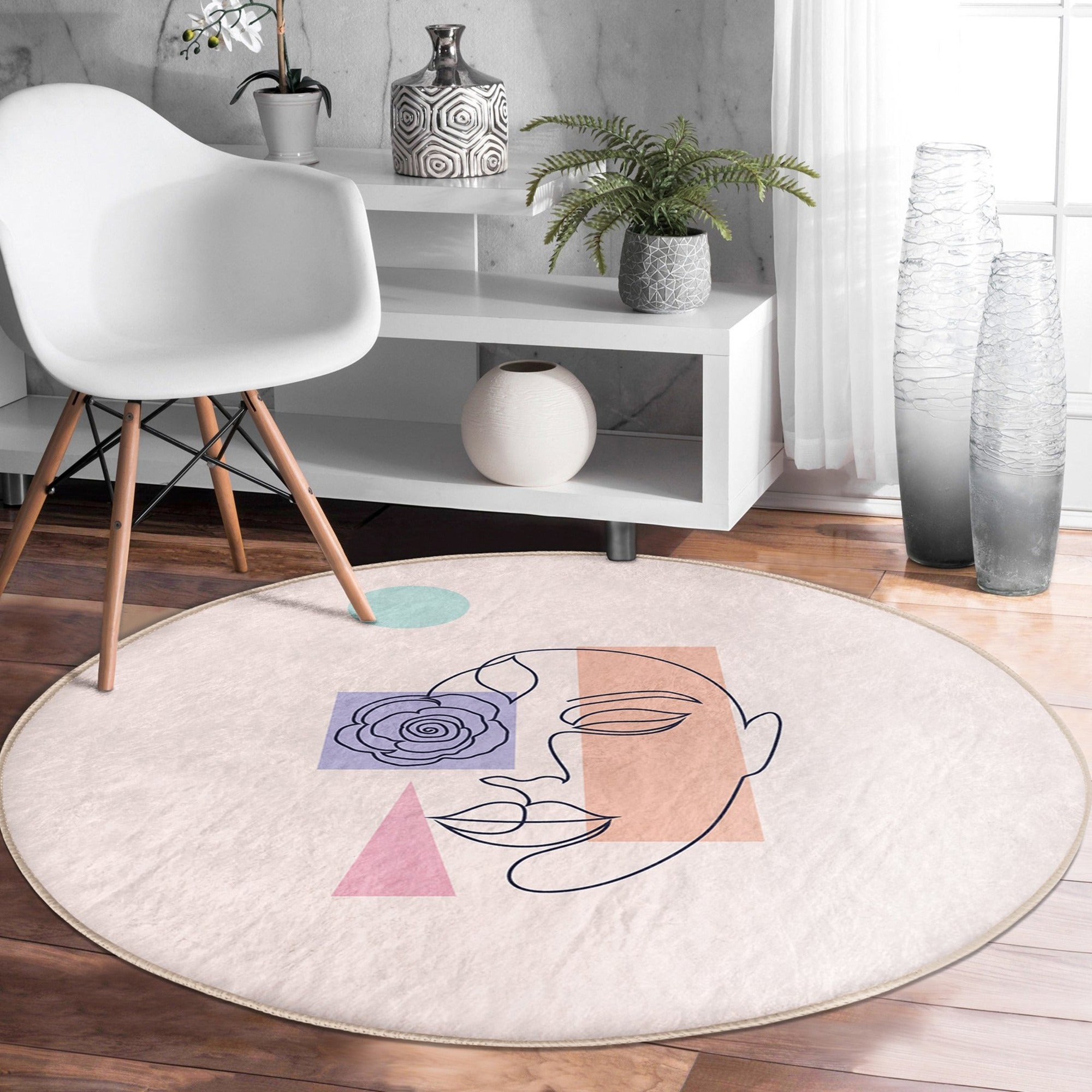 Abstract Face Round Rug, Abstract Area Rug, Non Slip Circle Carpet,