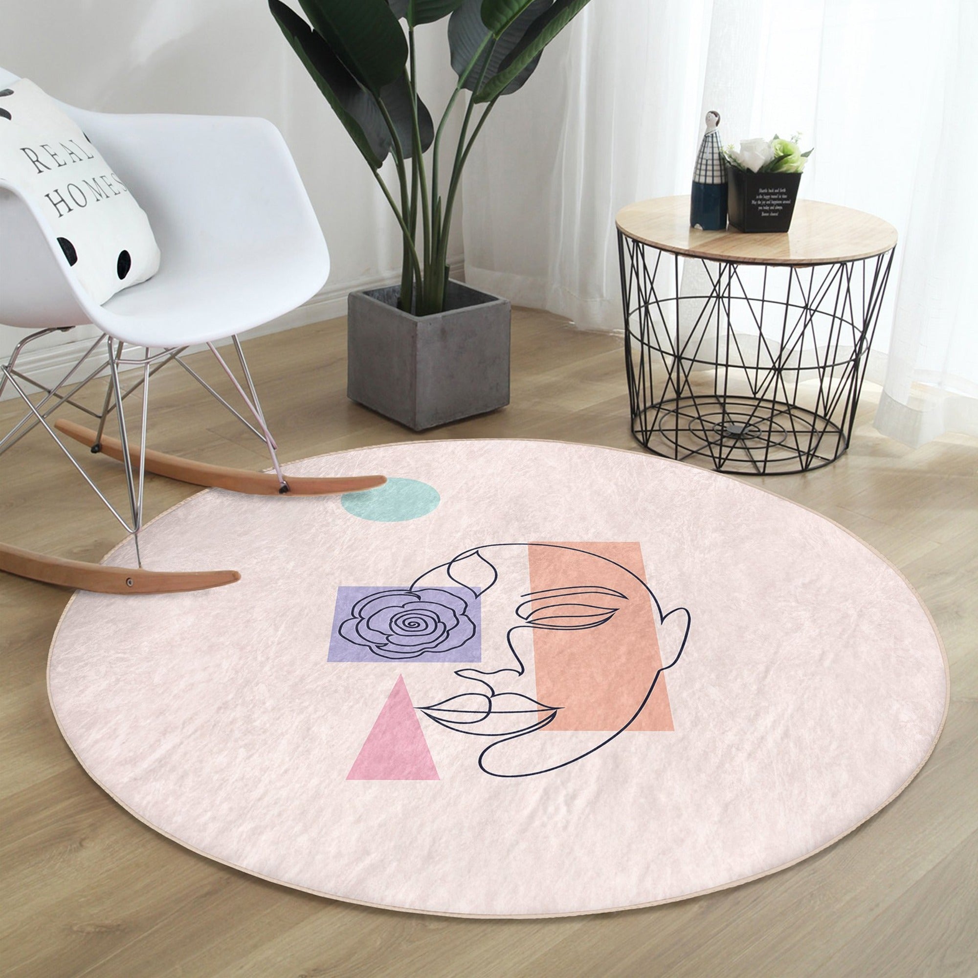 Abstract Face Round Rug, Abstract Area Rug, Non Slip Circle Carpet,